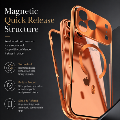 An exploded illustration separates an orange frame, phone and clear rear panel. Text describes a magnetic quick-release structure and reinforced bottom snap.