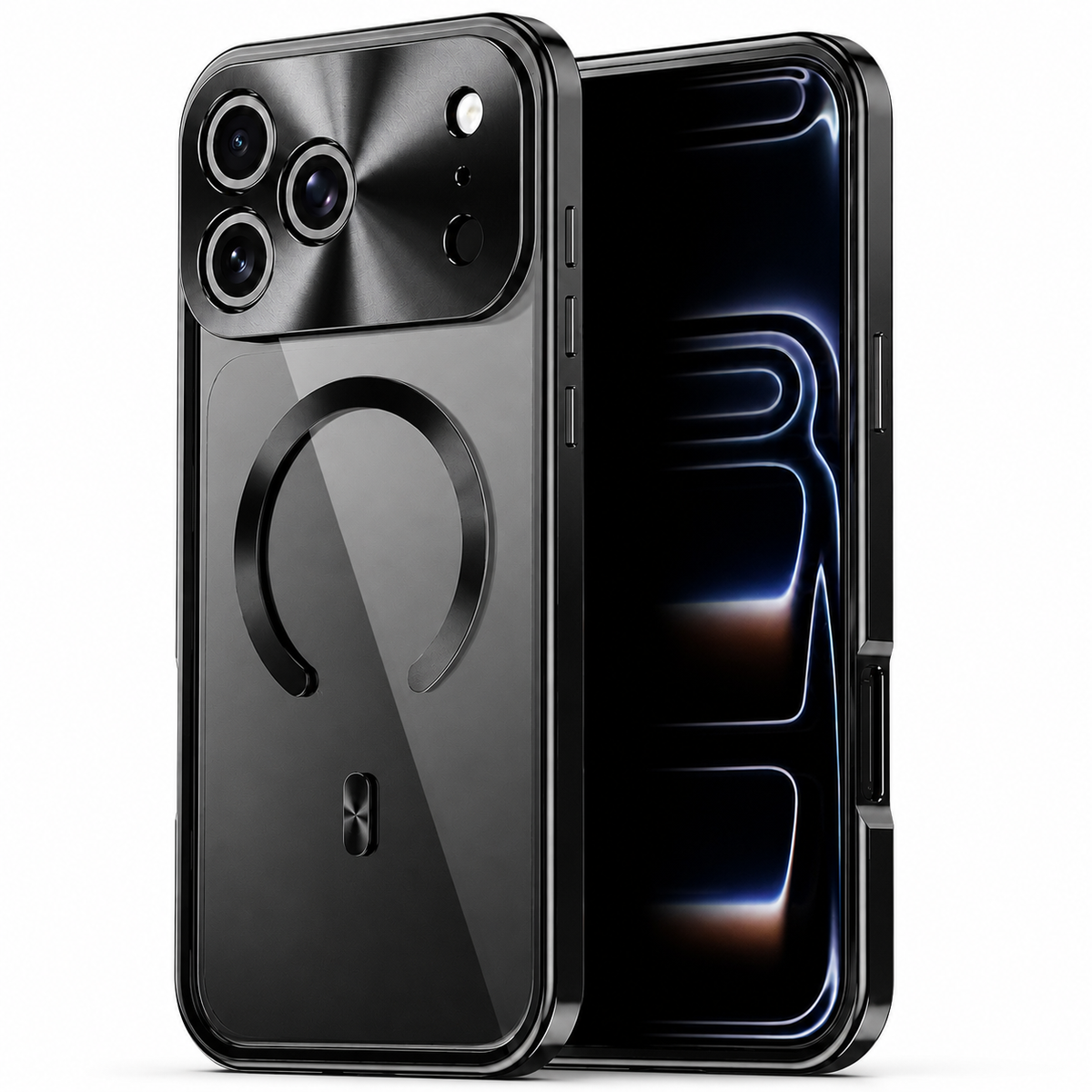 Front and rear views of a dark gray phone case stand on white. Its transparent back reveals the phone beneath a broken circular magnetic ring, with shiny frame and camera trim.
