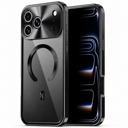Front and rear views of a dark gray phone case stand on white. Its transparent back reveals the phone beneath a broken circular magnetic ring, with shiny frame and camera trim.