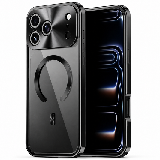 Front and rear views of a dark gray phone case stand on white. Its transparent back reveals the phone beneath a broken circular magnetic ring, with shiny frame and camera trim.