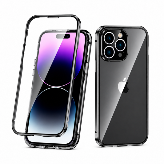 Black-edged clear phone enclosure shown front and back against white, with its separate transparent front frame raised above the screen.