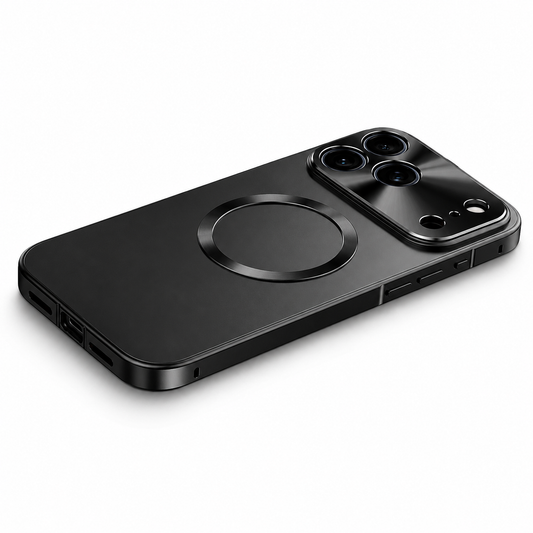 A black phone case lies diagonally on white, showing a matte back, shiny circular magnetic ring, slim matching frame and broad raised camera panel with separate lens openings.