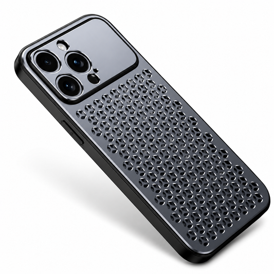 A dark gray case lies diagonally on white, showing a densely perforated back, shiny camera panel and black outer border.