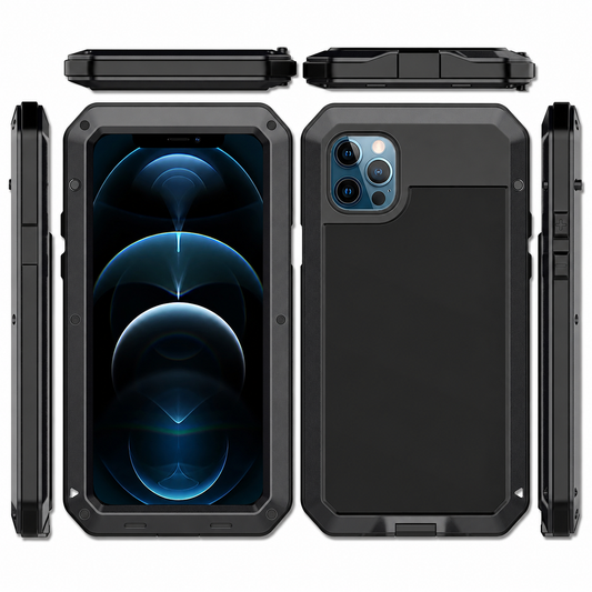 Black armored phone case shown from the front, back, top, bottom, and sides. An angular screw-fastened frame surrounds the screen and a large black rear inset.