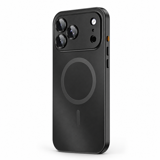 Black case stands rear-forward against white, with a dark circular magnetic ring and alignment bar beneath individually framed camera lenses and smaller sensor openings.