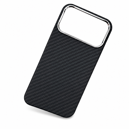 A black diagonal woven phone case floats at an angle on white. A silver-colored border surrounds the wide rectangular camera opening, and the slim rounded edges are visible.