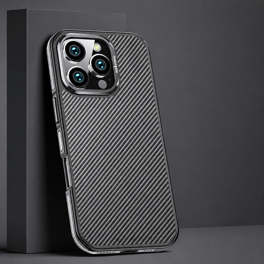A black diagonal-weave phone case with silver side accents leans against a tall black box on a dark gray surface. A reflective raised camera ring encloses the lenses and flash. Separate side button covers and narrow color strips contrast with the patterned back.