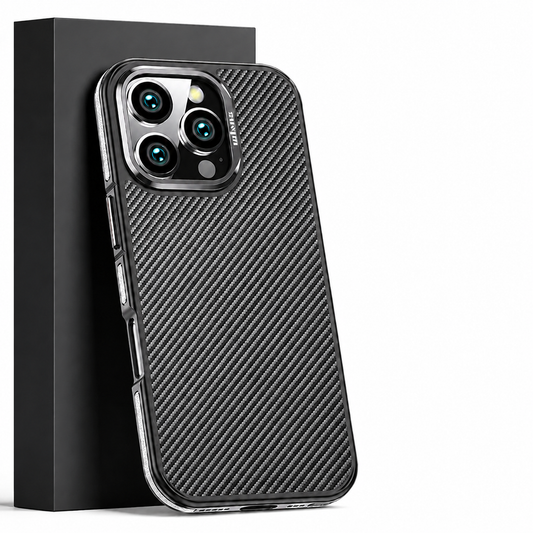A black diagonal-weave phone case with silver side accents leans against a tall black box on white. A reflective raised camera ring encloses the lenses and flash. Separate side button covers and narrow color strips contrast with the patterned back.