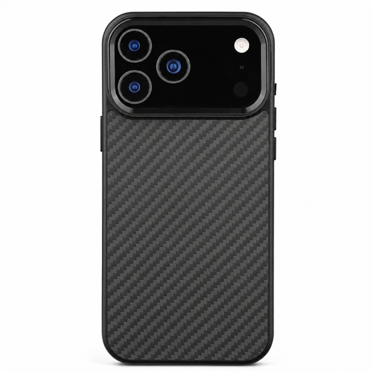 A black diagonally woven-patterned case stands rear-facing on white, with a broad black camera panel and matching dark raised surround.