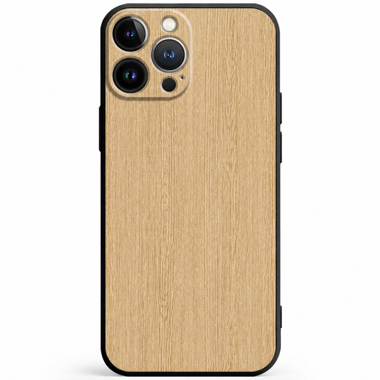 A pale blond wood-grain phone case stands upright against white. Fine vertical lines cover the back, framed by black edges and a compact camera surround with three separate lens openings.