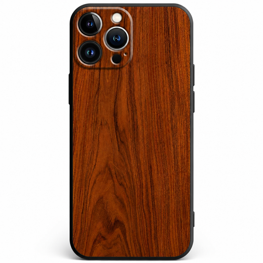 A dark reddish-brown wood-grain phone case stands upright against white. A black border surrounds the back, with three separate camera openings near the top and a knot in the grain near the bottom.
