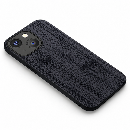 A black case lies diagonally on white, showing a long-grain wood-like rear texture and a rounded black opening around two camera lenses.