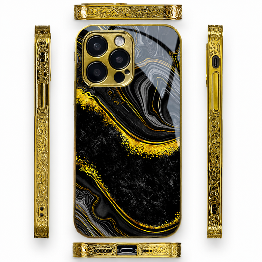 A gold-edged black marble-patterned case is shown from the back with separate top, bottom and side views around it. Gray swirls and bright gold-colored bands cross the glossy rear panel.