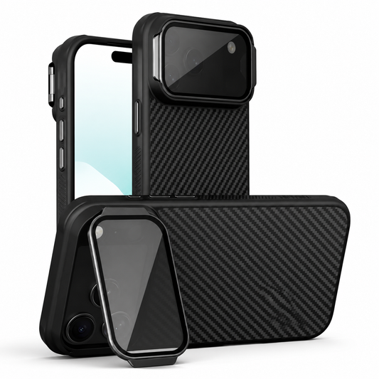 Front, rear and landscape views show a black case with diagonal ridges. A dark translucent hinged camera cover closes over the lenses or folds outward to support the phone horizontally.