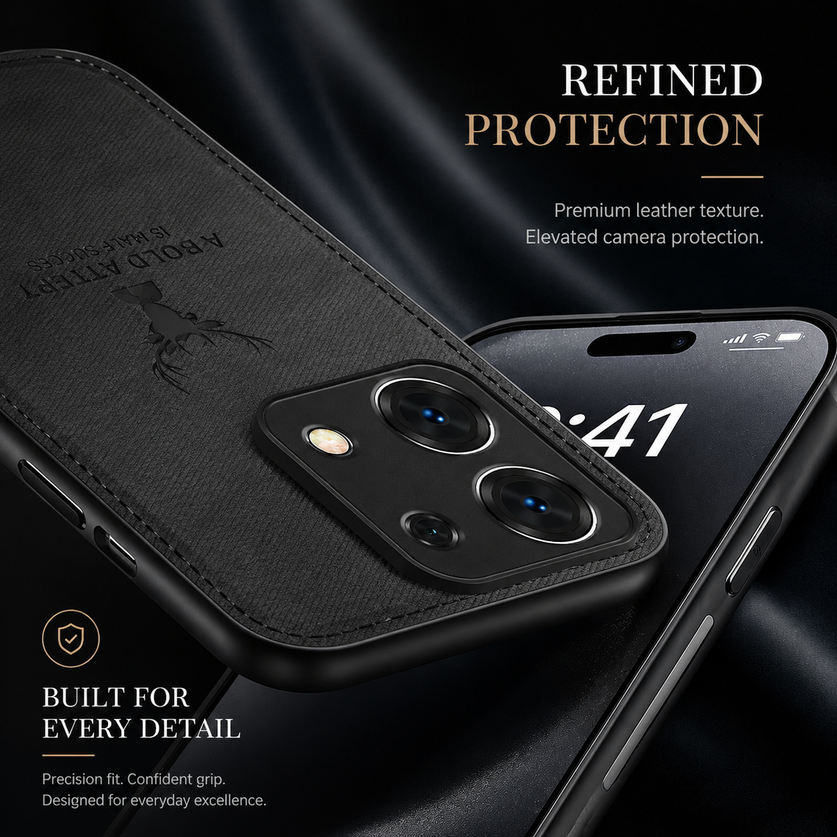 Overlapping front and back close-ups show a black textured phone case with a stag design and two-lens camera opening. Text advertises texture, elevated camera protection and precise fit.