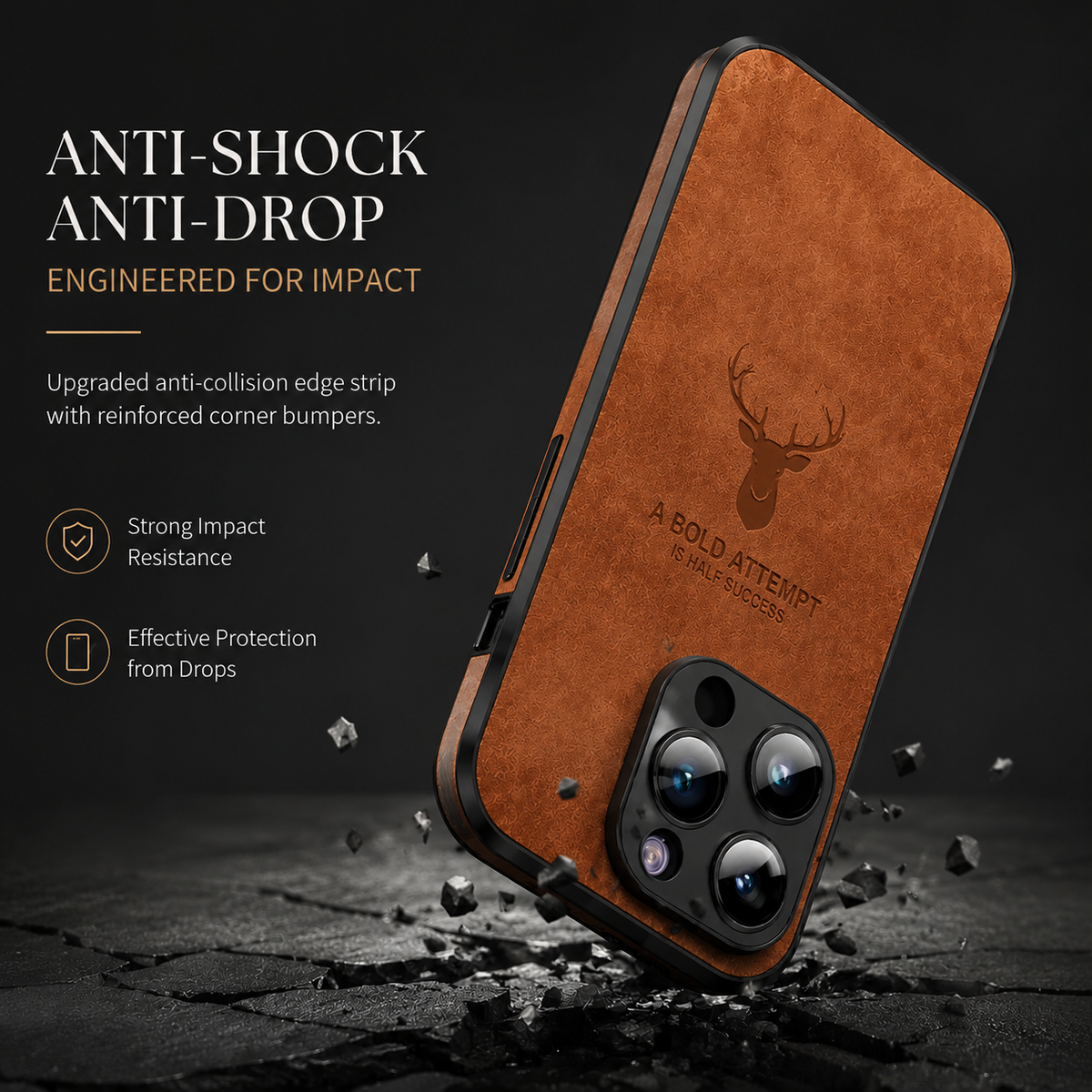 A brown stag-design phone case strikes dark ground corner-first amid fragments. Text advertises reinforced corner bumpers, impact resistance and drop protection.
