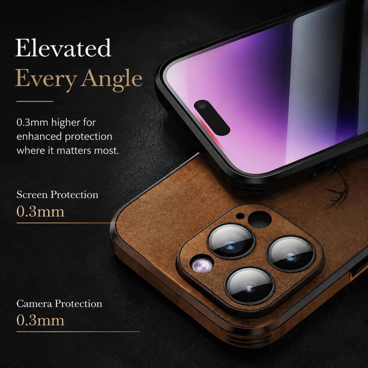 Overlapping close-ups show a phone front and brown textured case back. Labels advertise 0.3-millimeter raised edges for screen and camera protection.