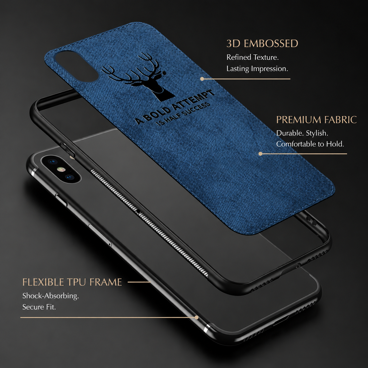 An exploded diagram separates a blue stag-design fabric panel and black frame above a phone. Text advertises embossed detailing, fabric construction and a flexible TPU frame.