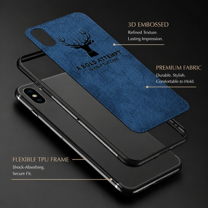 An exploded diagram separates a blue stag-design fabric panel and black frame above a phone. Text advertises embossed detailing, fabric construction and a flexible TPU frame.