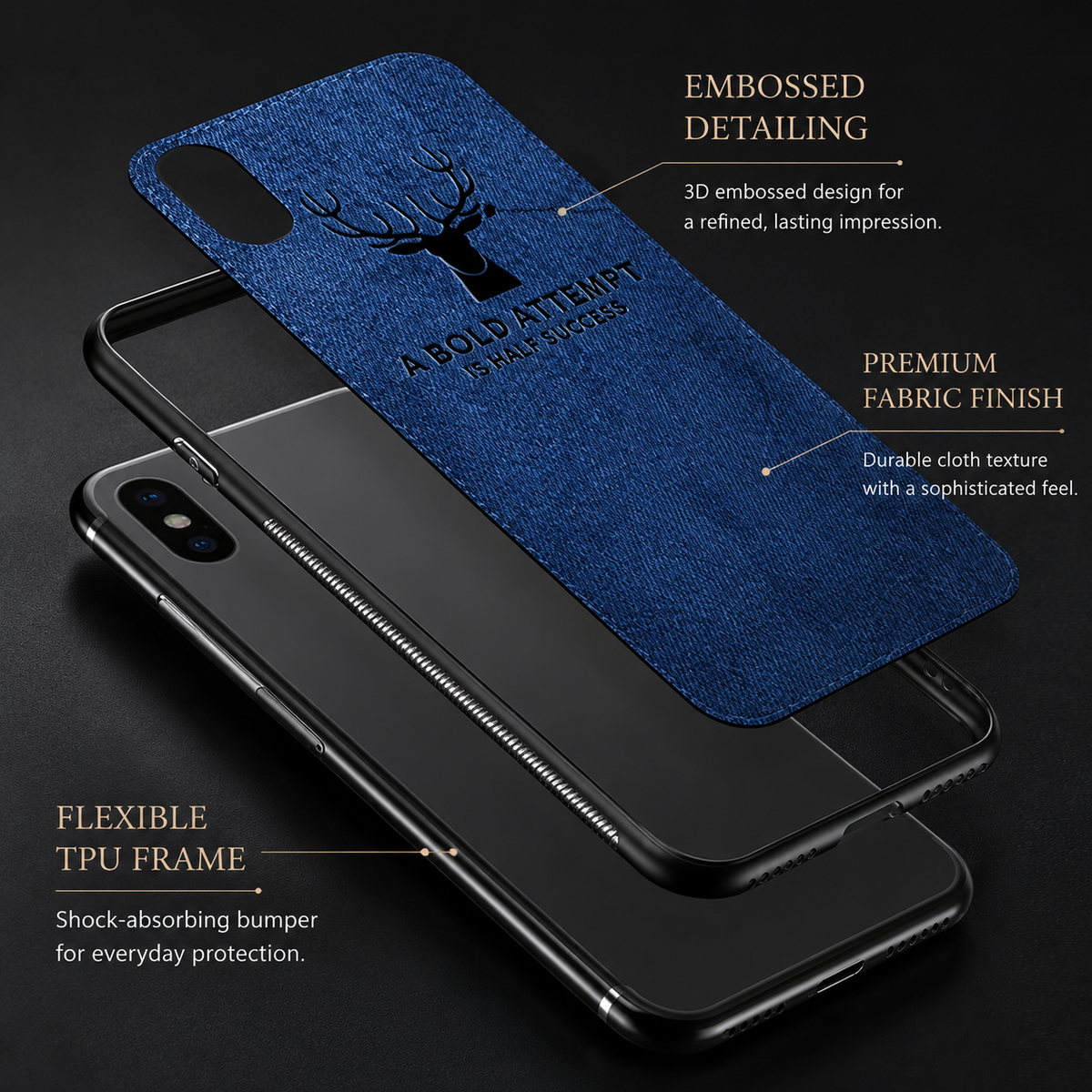 An exploded diagram separates a blue stag-design fabric panel and black frame above a phone. Text advertises embossed detailing, a fabric finish and shock-absorbing TPU construction.