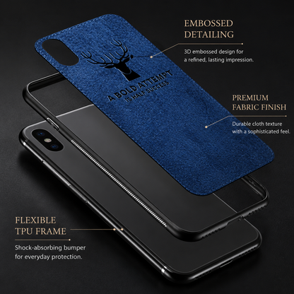 An exploded diagram separates a blue stag-design fabric panel and black frame above a phone. Text advertises embossed detailing, a fabric finish and shock-absorbing TPU construction.