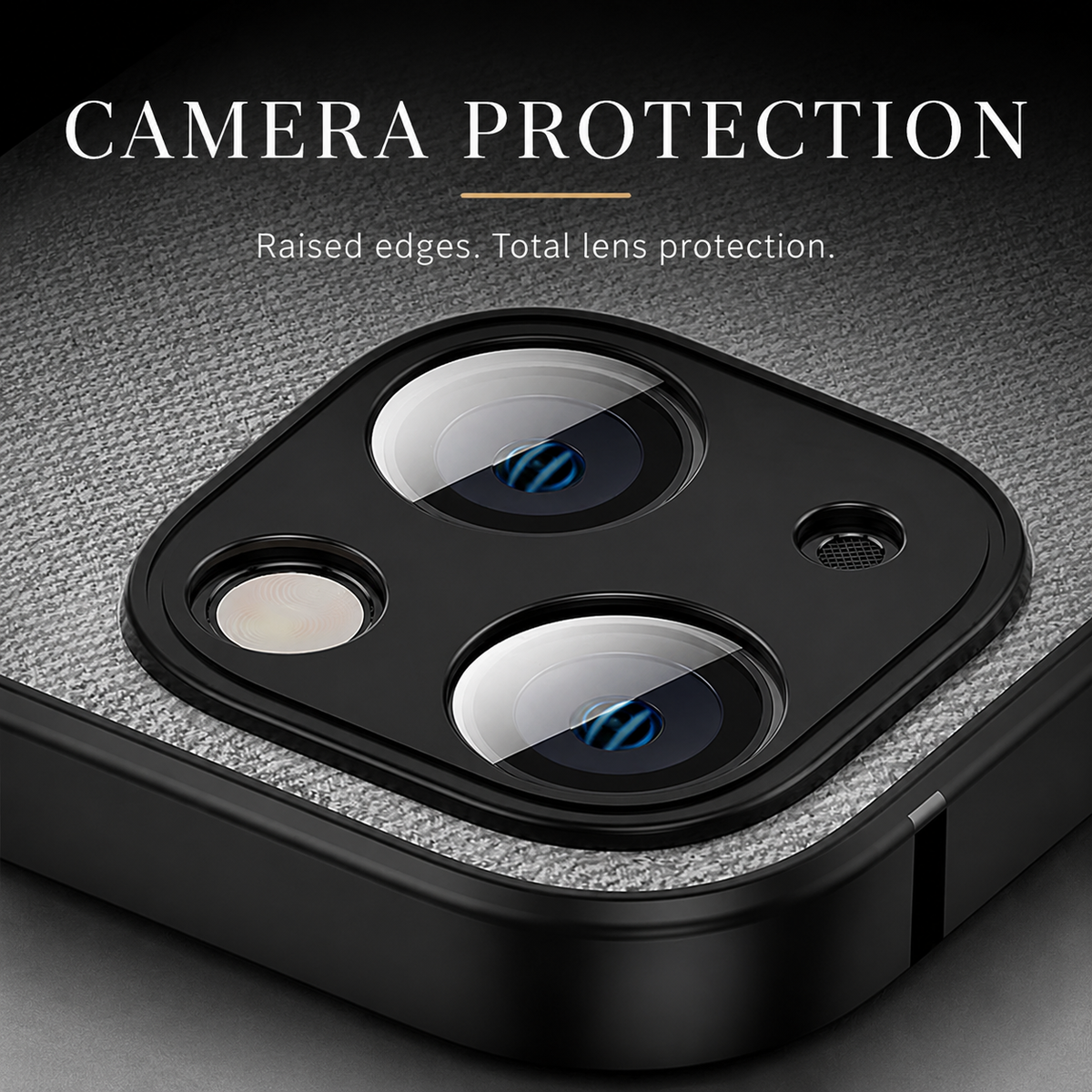 A close-up of a gray fabric-textured case shows its raised black surround around two large camera lenses and smaller openings. Text advertises camera protection.