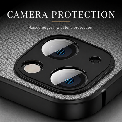 A close-up of a gray fabric-textured case shows its raised black surround around two large camera lenses and smaller openings. Text advertises camera protection.