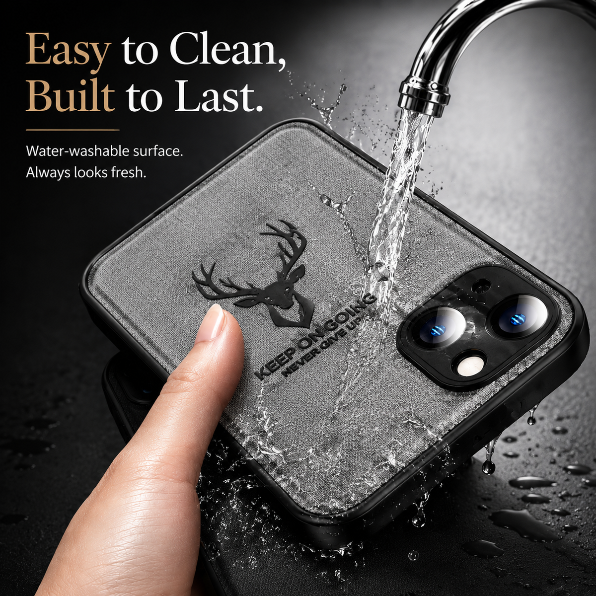 A hand holds a gray stag-design phone case under running water from a faucet. Splashes cover its textured back and camera surround. Text advertises a water-washable surface.