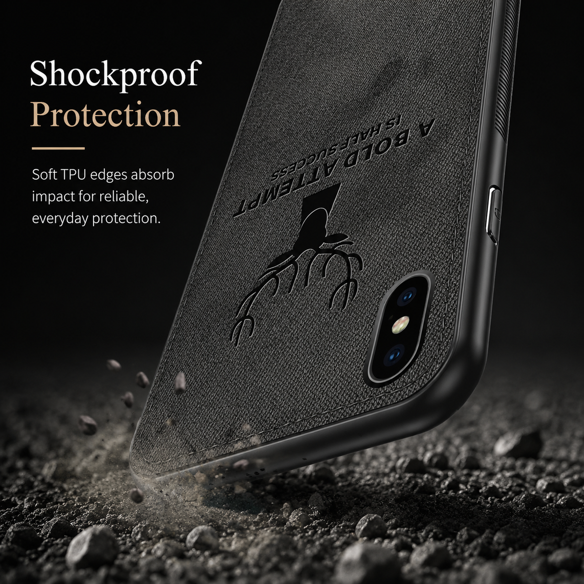 A black textured stag-design phone case strikes rocky ground corner-first. Text advertises shockproof protection and soft TPU edges that absorb impact.
