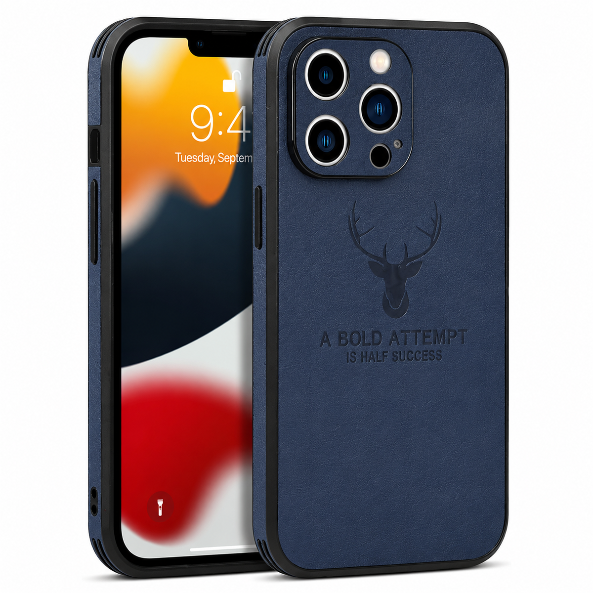 Front and back views show a navy fabric-textured phone case against white. A stag head appears above the words 'A bold attempt is half success,' beneath a three-lens camera opening.