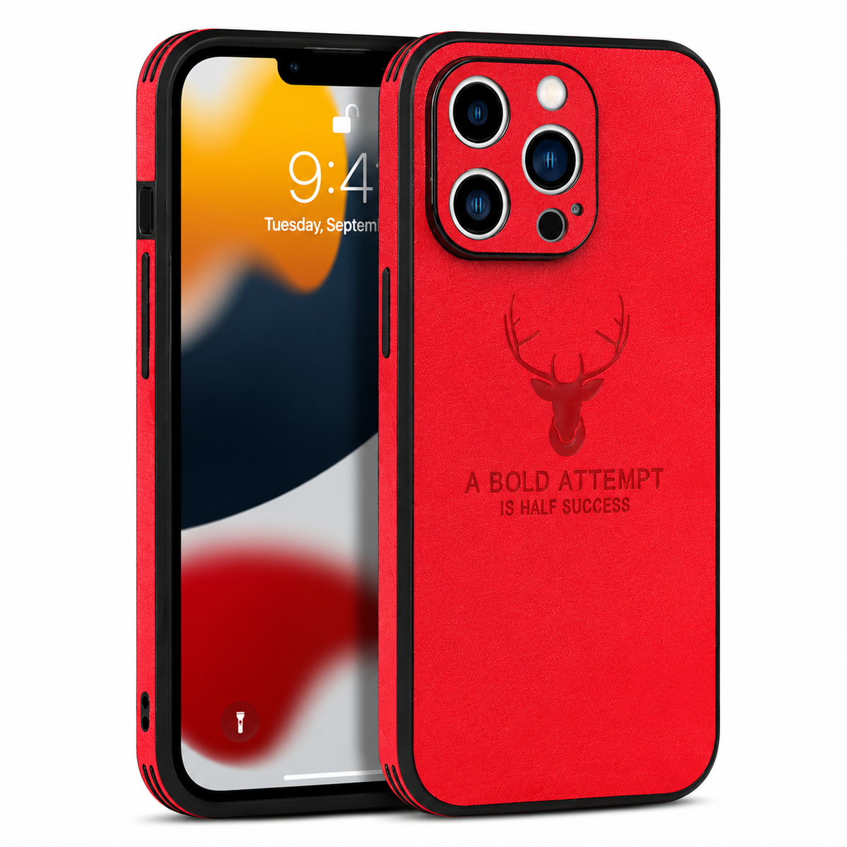 Front and back views show a red fabric-textured phone case against white. A stag head appears above the words 'A bold attempt is half success,' beneath a three-lens camera opening.
