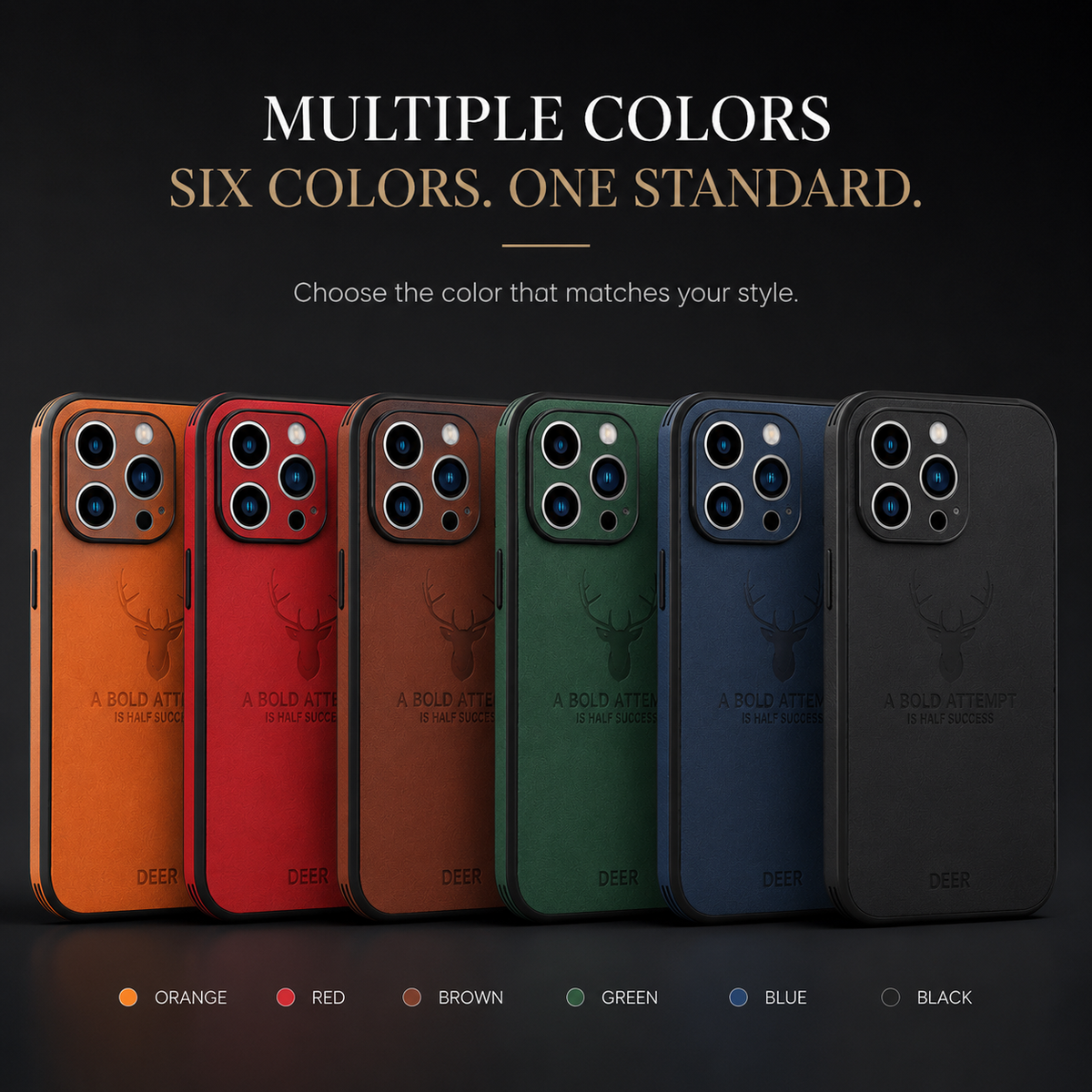 Six stag-design phone cases stand in a row against black in orange, red, brown, green, blue and black. Text advertises multiple colors and labels each shade.