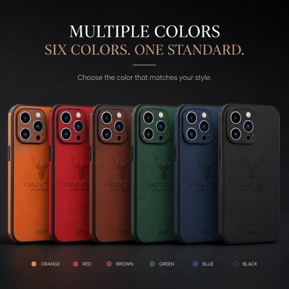 Six stag-design phone cases stand in a row against black in orange, red, brown, green, blue and black. Text advertises multiple colors and labels each shade.