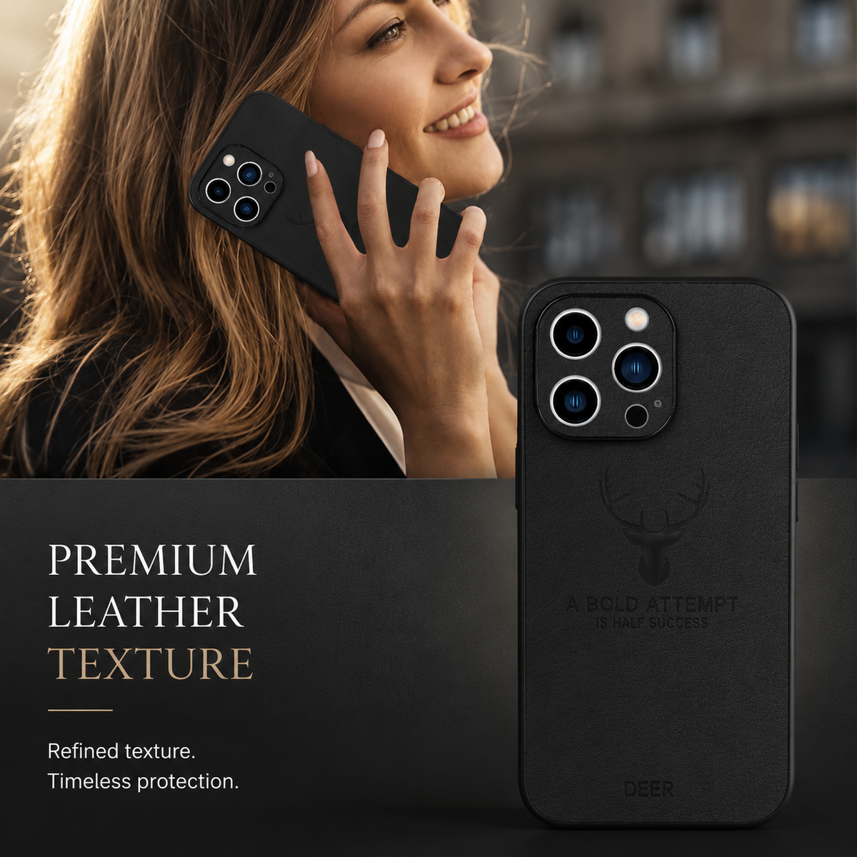A smiling woman holds a black stag-design phone case to her ear outdoors, above a separate close-up of its back. Text advertises a leather texture and protection.