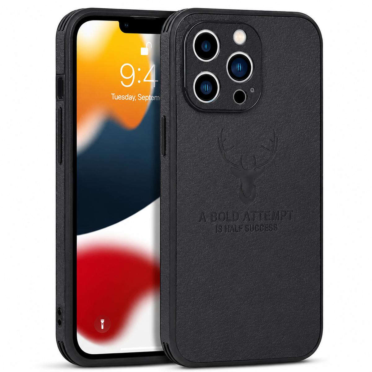 Front and back views show a black fabric-textured phone case against white. An embossed stag head appears above the words 'A bold attempt is half success,' beneath a three-lens camera opening.