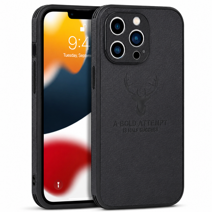 Front and back views show a black fabric-textured phone case against white. An embossed stag head appears above the words 'A bold attempt is half success,' beneath a three-lens camera opening.
