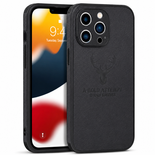 Front and back views show a black fabric-textured phone case against white. An embossed stag head appears above the words 'A bold attempt is half success,' beneath a three-lens camera opening.