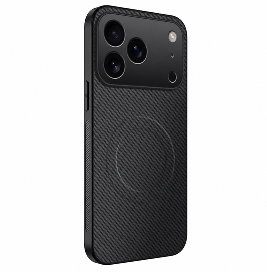 Black case stands rear-forward with a diagonal carbon-fiber-style weave, subtle circular magnetic marking, black edges, and a broad raised camera panel.