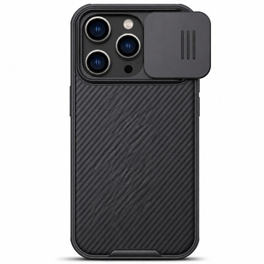A black phone case stands upright against white. Diagonal ridges cover the back, and a rectangular camera cover with three grip lines slides to the right, revealing three lenses.