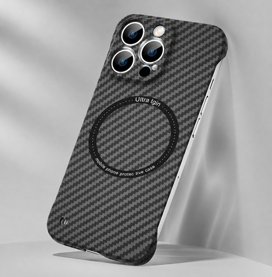A black and gray patterned case stands in a pale setting, displaying a black circular rear ring and individual silver-colored lens rims.