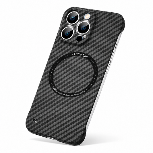 A black and gray diagonally woven-style phone case stands at an angle against white. Separate silver-colored camera rims sit above a black circular rear ring, with exposed silver-colored side sections.