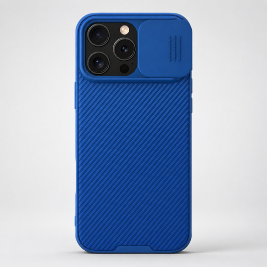 A blue phone case stands upright against pale gray, with diagonal ridges covering its back. The camera slider is pushed right, revealing three lenses beside its three raised grip lines.