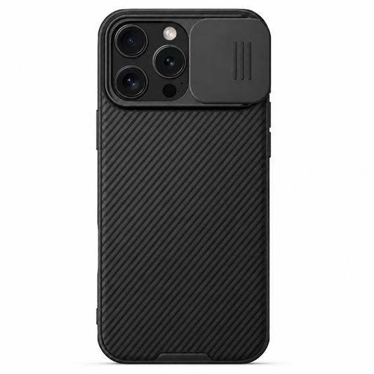 A black phone case stands upright against white, with diagonal ridges covering its back. The camera slider is pushed right, revealing three lenses beside its three raised grip lines.