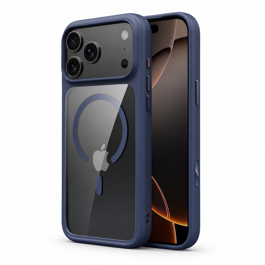 Front and back views show a navy-edged transparent phone case against white. A matching open circular ring and short bar mark the back beneath a wide raised camera surround.
