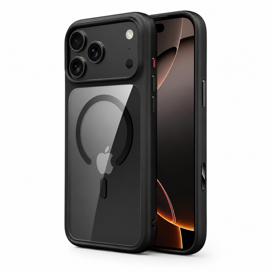 Front and back views show a black-edged transparent phone case against white. A matching open circular ring and short bar mark the back beneath a wide raised camera surround.