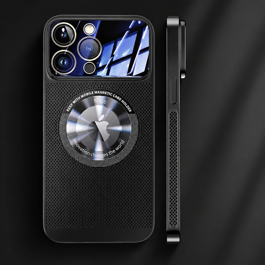 Rear and side views of a black mesh-like case stand against dark gray, showing its reflective camera panel and large circular metallic disc.