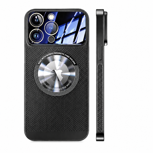Rear and side views of a black perforated case stand on white. A reflective camera panel sits above a large circular silver-and-black disc centered on the mesh-like back.