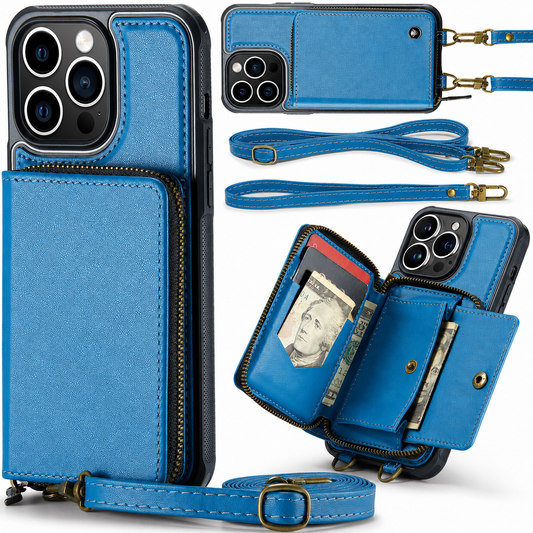A collage shows a blue wallet phone case from the back, open with card storage and hanging horizontally. Matching wrist and adjustable shoulder straps lie beside it.