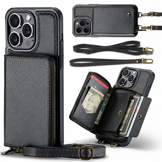 A collage shows a charcoal leather-look wallet phone case closed, open with cards and cash, and hanging horizontally from a strap. Separate wrist and shoulder straps have gold-colored clips.