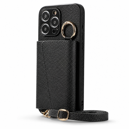 A black pebbled phone wallet stands upright on white, with a rectangular stitched card compartment covering most of its back. A round gold clasp sits beside the camera opening. A matching adjustable strap lies coiled at the base, with gold clips and a small buckle visible.